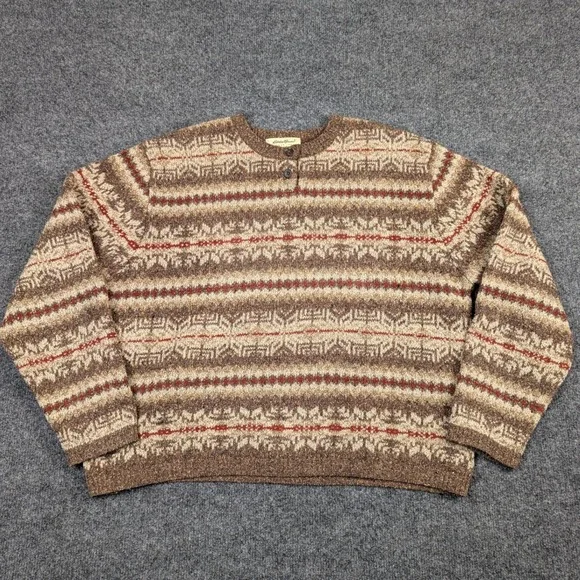 Eddie Bauer Womens Large Brown Fair Isle Wool Silk Blend Henley Sweater L