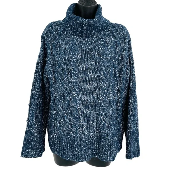 Kate Spade chunky cable‎ knit sweater turtleneck bobble knit blue women's size S