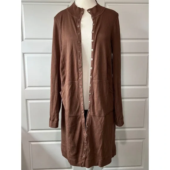 Barbara Lesser Snap Front Duster Cardigan Pockets Knit Brown‎ Small
