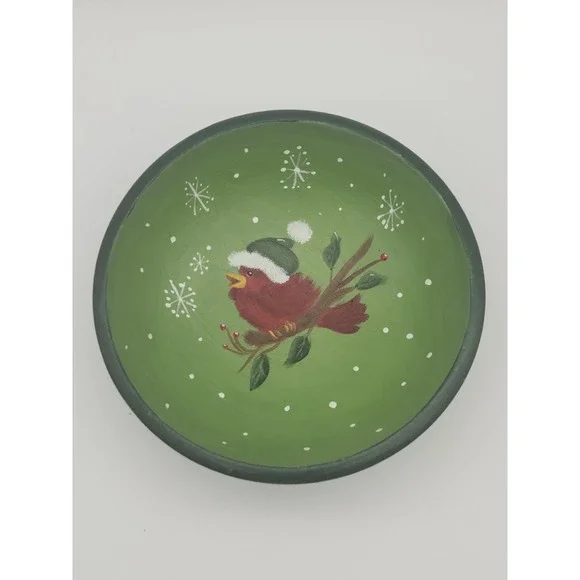 Wooden Bowl Hand Painted Christmas Cardinal Bird Santa Hat 6