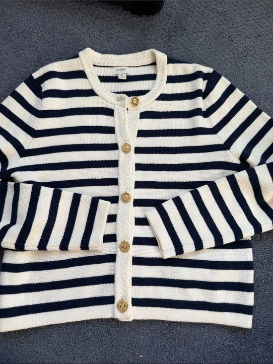 J. Crew Cream and Navy Striped Button Front Cardigan