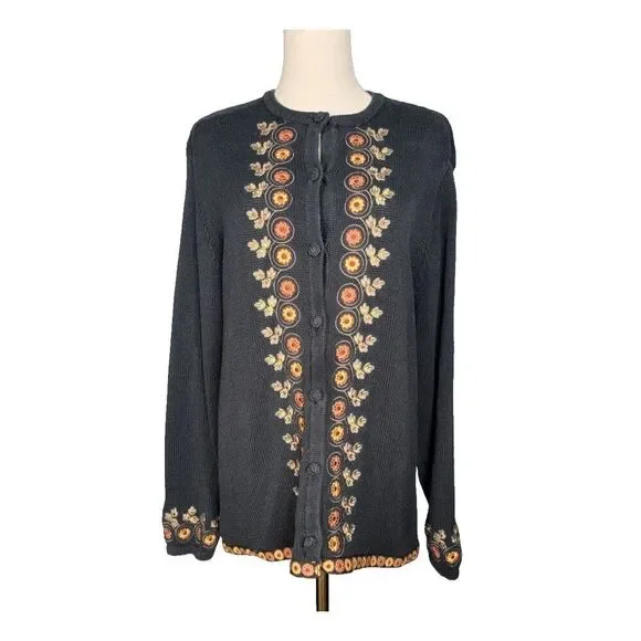 Vtg Bechamel Womens L Black Knit Embroidered Autum Leave Floral Button Cardigan