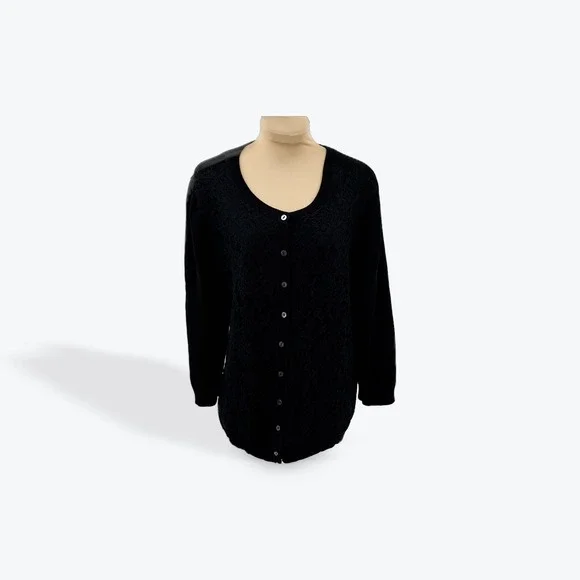 Christopher & Banks Black Lace Front Cardigan Sweater Women's Size L Long Sleeve