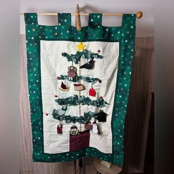 Festive Green and Cream Handmade Holiday Wall Hanging Quilt with Ornaments