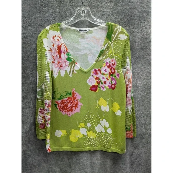 Floral Sweater Womens Medium Knit‎ Mesh Sleeve Beaded Grannycore Cottagecore