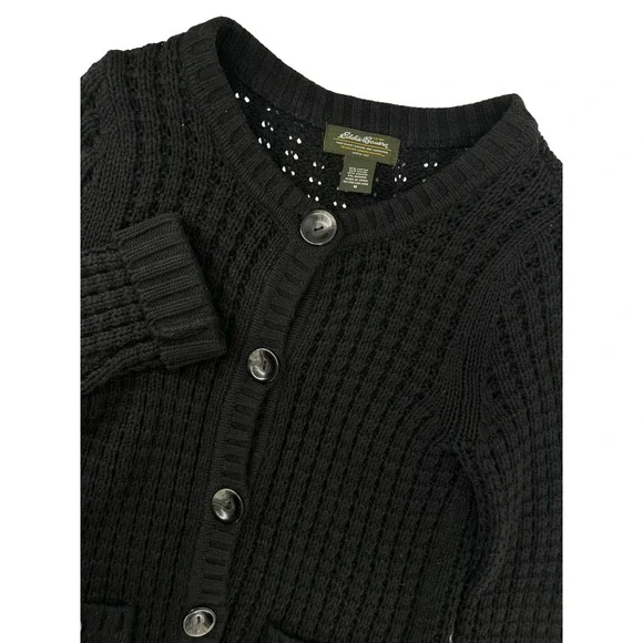 Eddie Bauer Black Cotton Angora Blend Chunky Pointelle‎ Knit Cardigan Sweater M