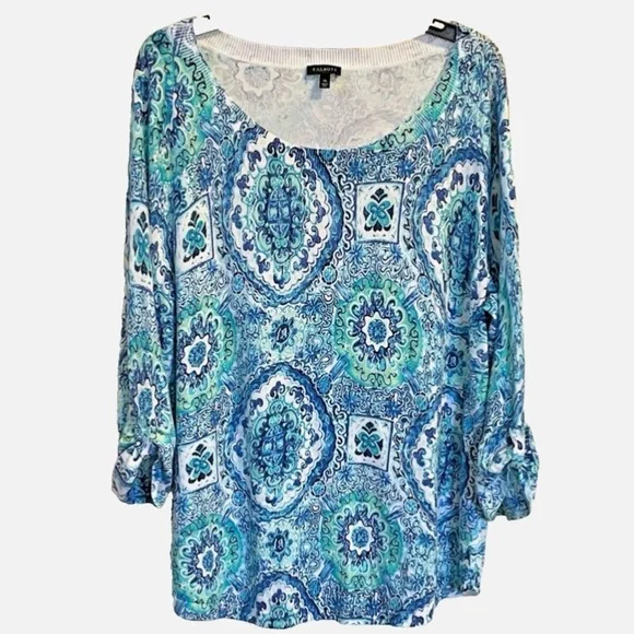 Talbots Medallion Print Lightweight Sweater XL Blue Green Roll Tab Sleeve Top