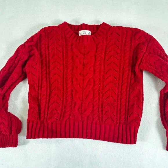 Pink Rose Red Chenille Cable Knit Sweater Womens Medium ‎ Recycled Pullover