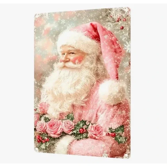 New Santa Claus Pink Christmas Decoration Sign Tin Metal Signs 8x12 Roses