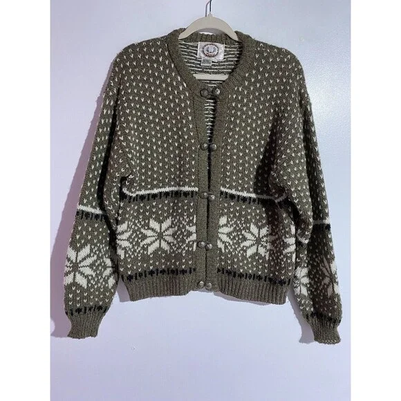 Vintage Catamount Trail Cardigan Sweater L Tan Wool Fair Isle Grandma‎ Cabincore