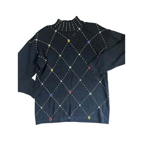 VTG Wm Med OHI Gold Embroidered Gem Jewel Black Sweater Mock Eclectic 90s 00 Y2K