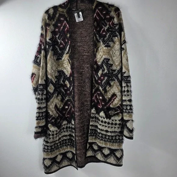 BCBG Womens Geometric Southwest Fuzzy Knit Cardigan L ‎ Open Long Sleeve Sweater