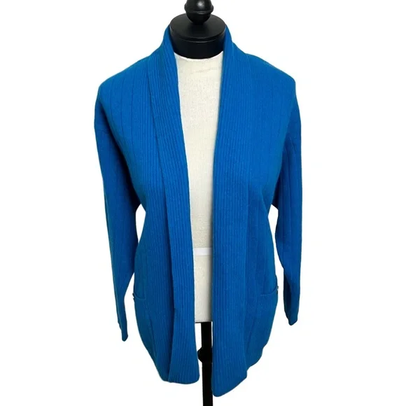 Liz Claiborne Lambswool Rabbit Blue Open Front Ribbed Cardigan Petite Medium‎