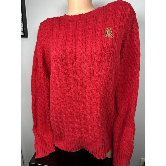 Lauren Ralph Lauren Large Womens Sweater Red Cotton Long Sleeve Chunky Academia