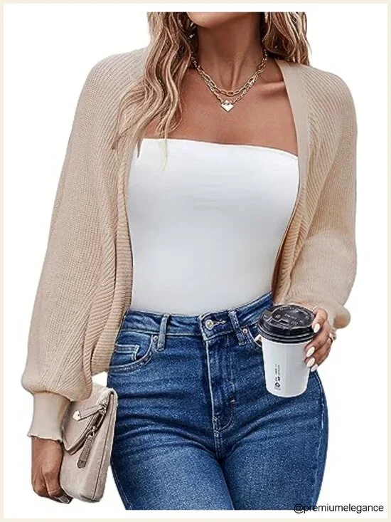Long Batwing Sleeve Knitted Cropped Bolero Open Front Cardigan Shrug for Women