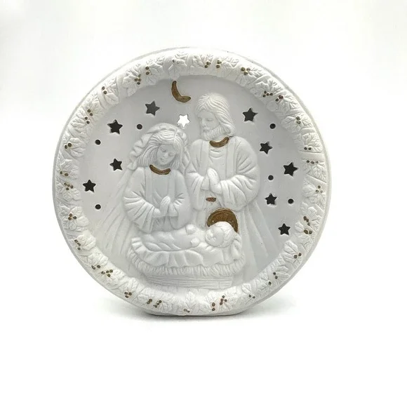 White Ceramic Nativity Scene Round Plaque with Stars and‎ Moon Decor