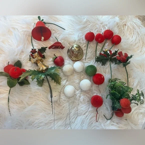 Floral picks vintage Christmas lot  Flocked balls  Flocked cardinals  Bell Angel