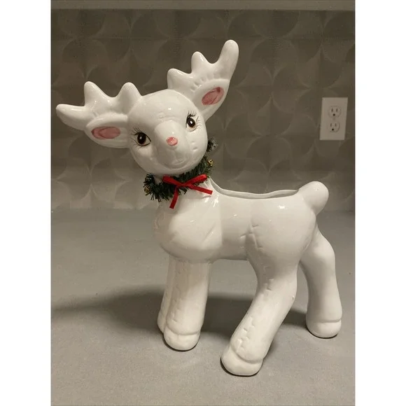 Ceramic Reindeer‎ Planter Retro White Holiday Deer Pot Christmas