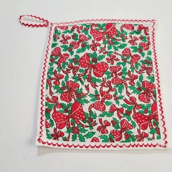 Vintage Red Polka Dot Ribbon Bow Holly Christmas Pot Holder
