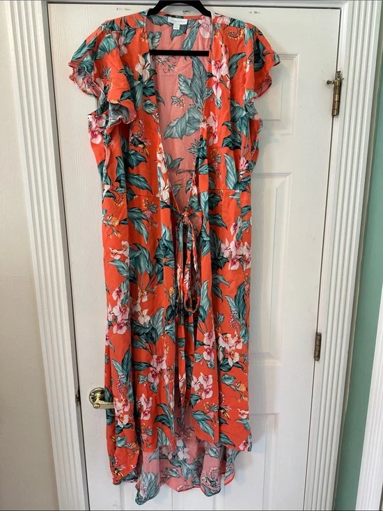 Charter Club Coral Teal Floral Tie Front Maxi Beach Cover Up 1X