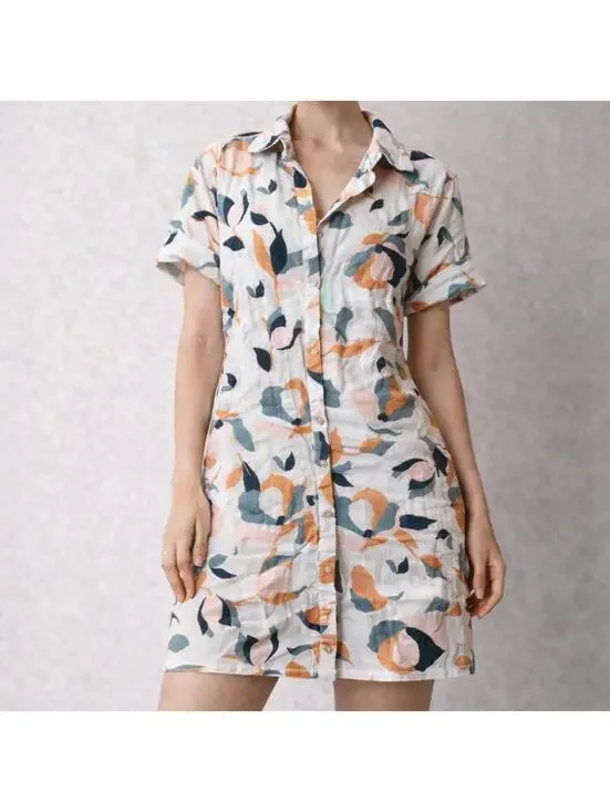 Floral Linen Button Up Tee Shirt Dress Bathing Suit Cover Up