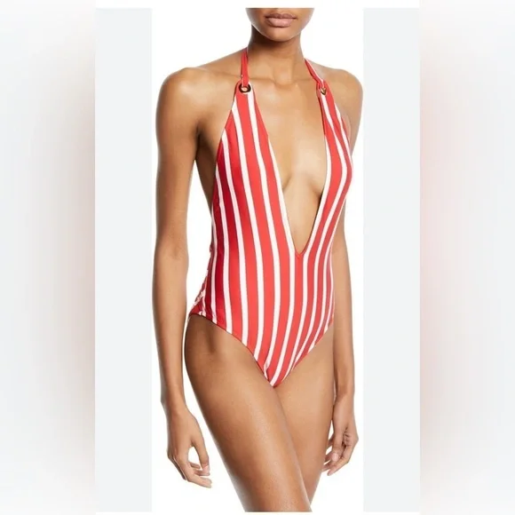 Milly Cabana red & white stripped deep V neck one piece swimsuit size 0P