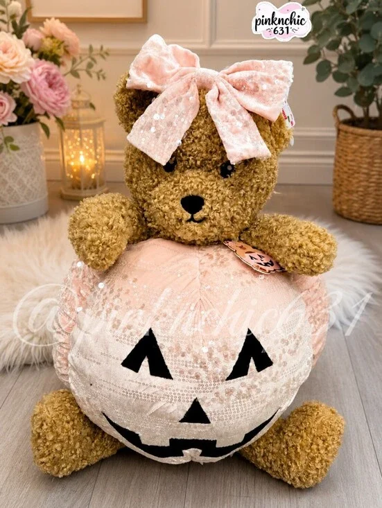 Large Pink Teddy Bear Jack-o'-lantern Halloween Pumpkin Coquette Bow Sequins