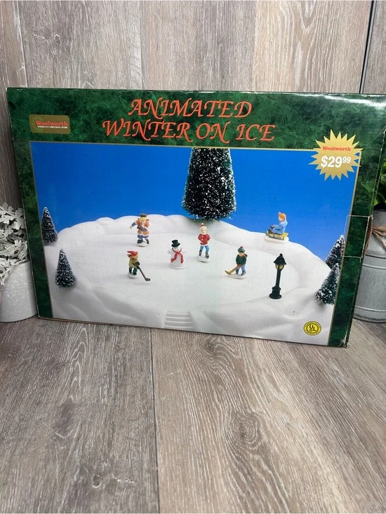 Animated Winter On Ice Skating Pond •  Lighted Christmas Village Display • NIB