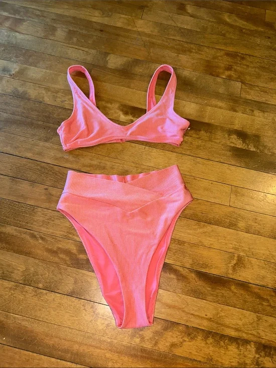aerie Pink Ribbed High-Rise Bikini Set