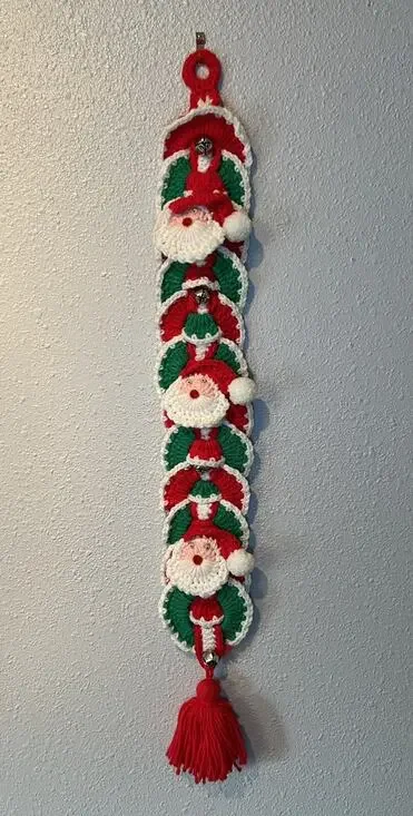 Handmade Crocheted Christmas Bell Santa Wall Hanging 31” Vintage Holiday Kitsch