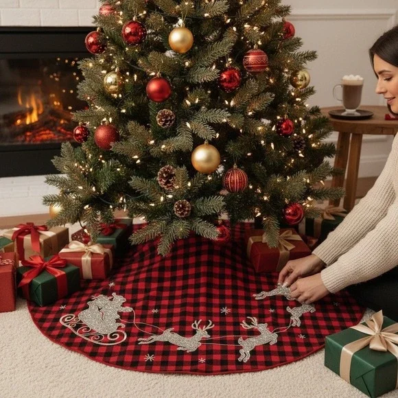 Jingles Joy Red Black Buffalo Plaid‎ Christmas Tree Skirt Santa Sleigh Reindeer