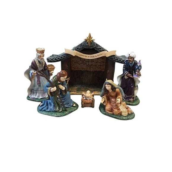 Thomas Kinkade Hamilton Nativity Jesus, Mary, Joseph, 2 Wisemen & Crèche 6pc Set