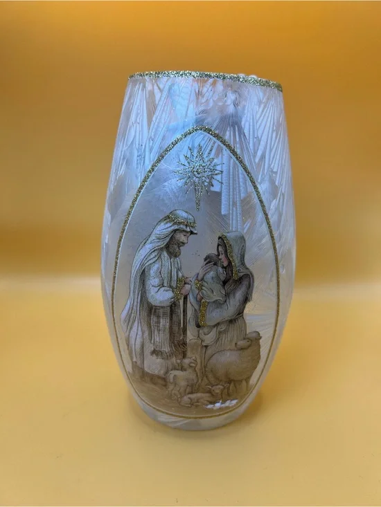 Cracker Barrel Nativity Accent Light PreLit Frosted Glass Cylinder Open Box