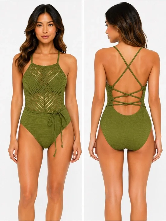 Robin Poccone Chic Green Crochet One-Piece Swimsuit Size 10
