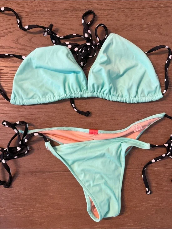 Light Aqua Tie-Strap Bikini Set with Polka Dot Ties