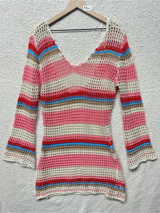 Mustard Seed Crochet Knit Cover Up Dress Bell Sleeve Beach Boho Tunic Size L