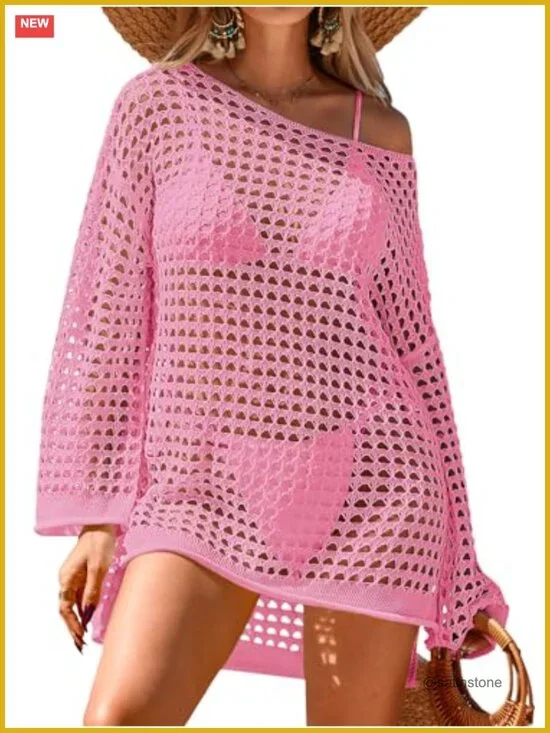 Crochet Mesh Swimsuit Cover Up Oversized Long Sleeve Mini Dress Beach Bathing