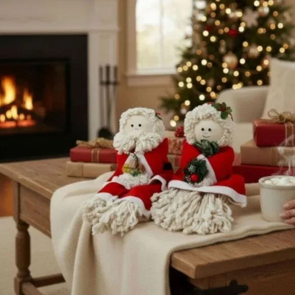Large Vintage Handmade Christmas Yarn Santa Mrs. Claus Dolls Display Decoration