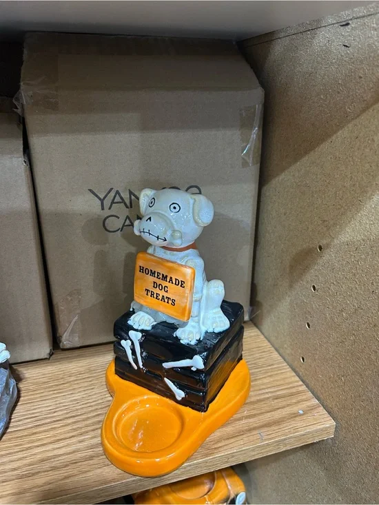 Yankee Candle Orange, Black & White Ceramic Dog Treat Holder new in box