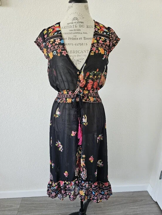 Floral Black Sheer Swim Coverup Dress With Flower And Bird Print One Size