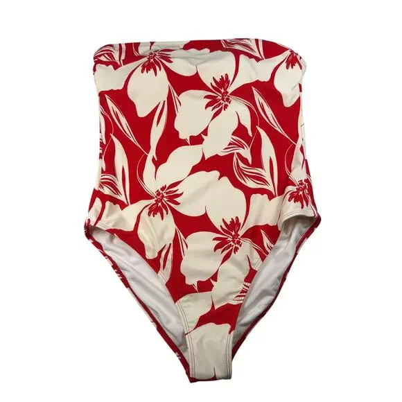 Shade & Shore Swimsuit Women's Large Red White Removable Straps High Leg Cheeky