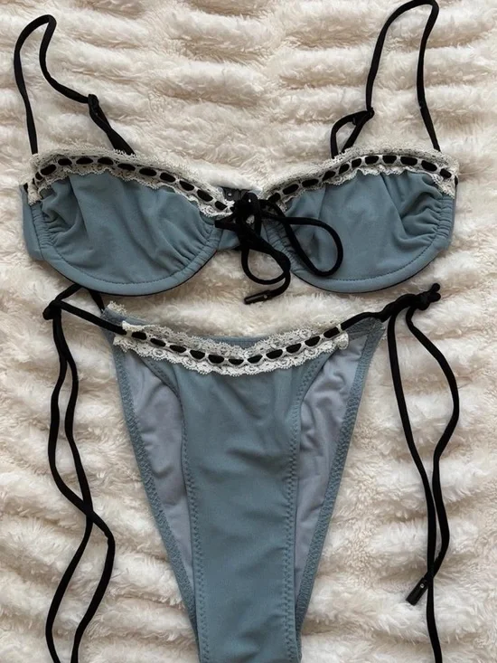 With Jean Blue Lace-Trim Tie-Side Bikini