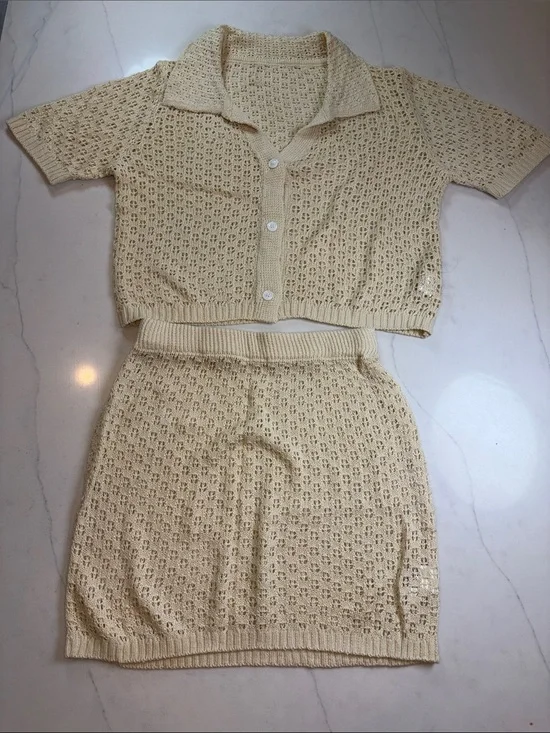 Cream Crochet Knit Two-Piece Swim Cover