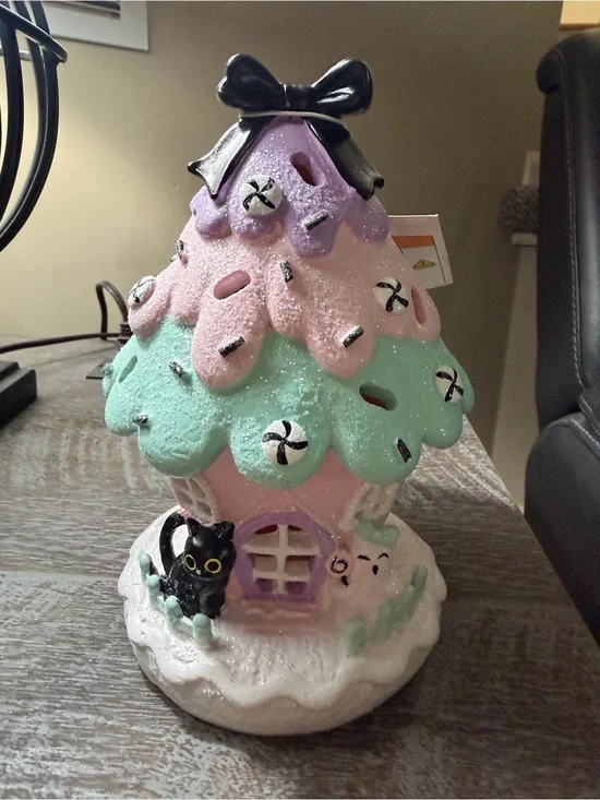 Pastel Candy House Figurine with Black Cat