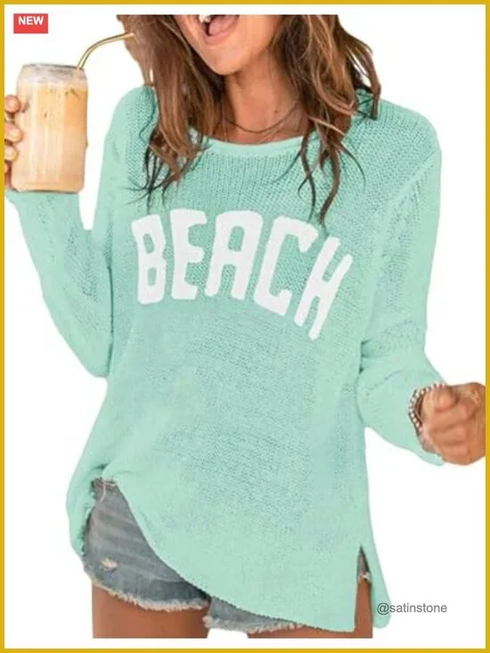 Women's Letter Print Long Sleeve Crochet Cover Up Crew Neck Split Hem Pullover