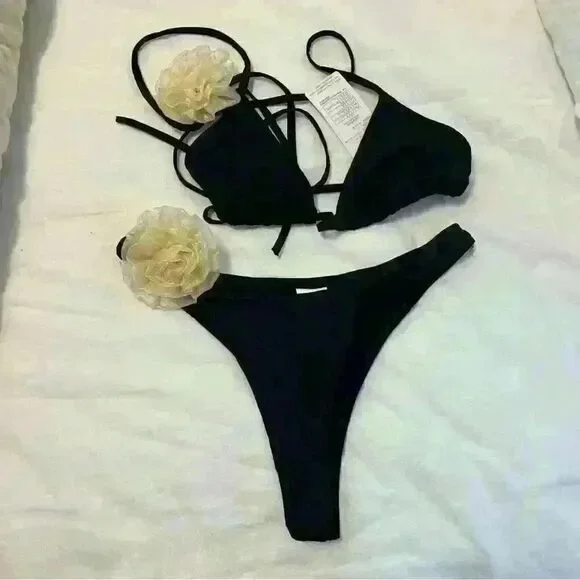 Rosette Black Triangle Top Bikini Set