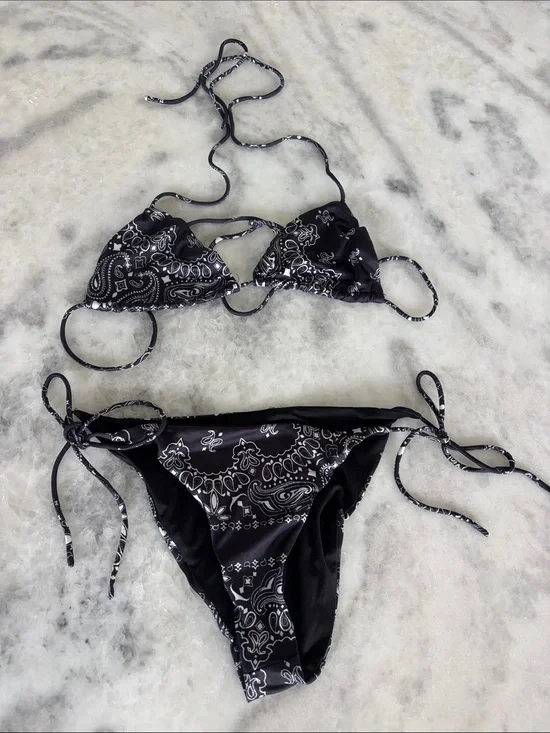 Black Bandana Print String Bikini Set