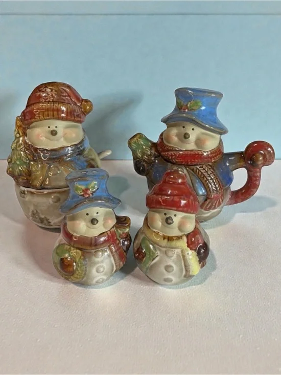 Christmas KIRKLAND’S Potter’s Garden Snowman Salt & Pepper Creamer & Sugar Set