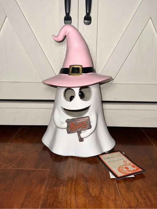 Hallow Home Pink Witch Hat LED Ghost Halloween Figurine with Boo Sign