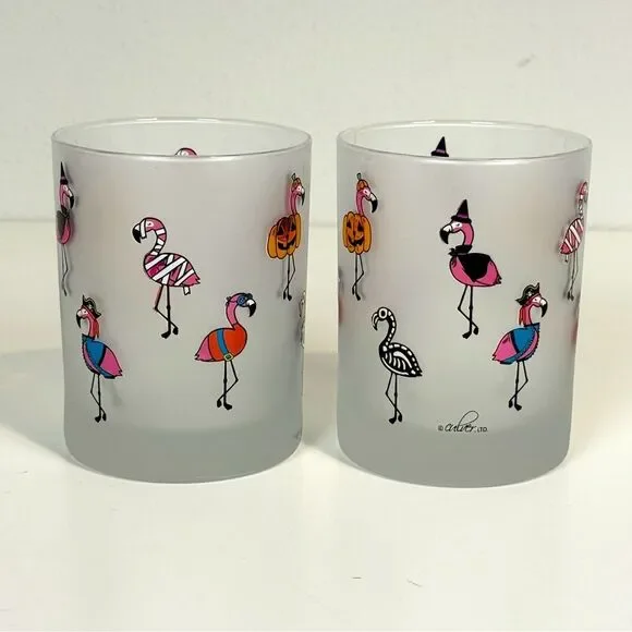 2 Culver Frosted Halloween Flamingos in Costumes Cocktail Glasses